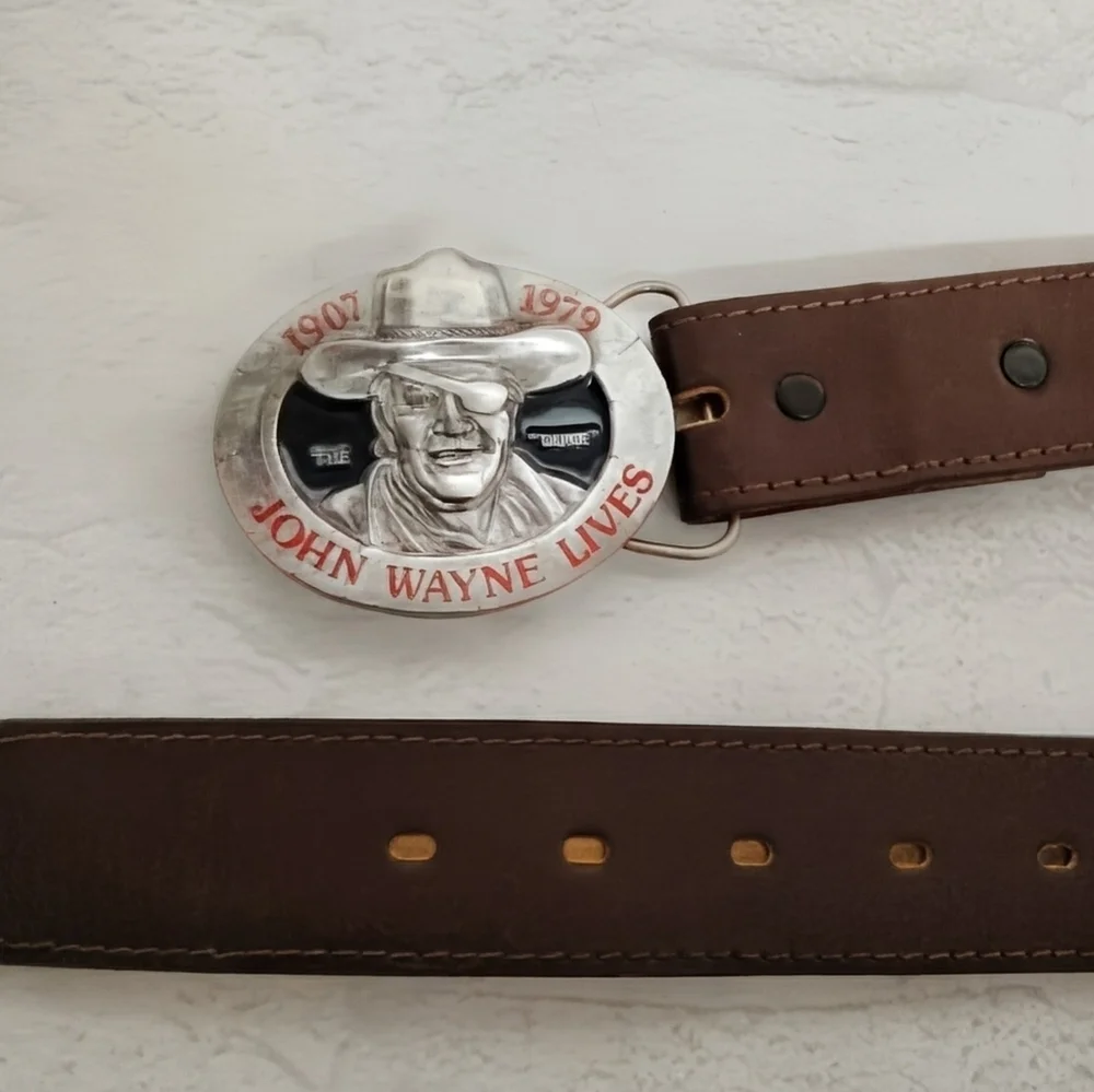 John Wayne Lives Brown Leather Belt with Silver Buckle Sz 42